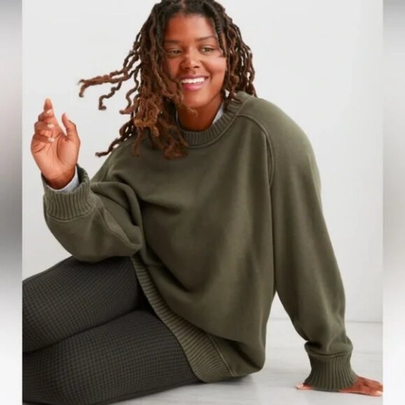 aerie Tops - Aerie Down-To-Earth Nomad Olive Green Oversized Crew Neck - Size Large
